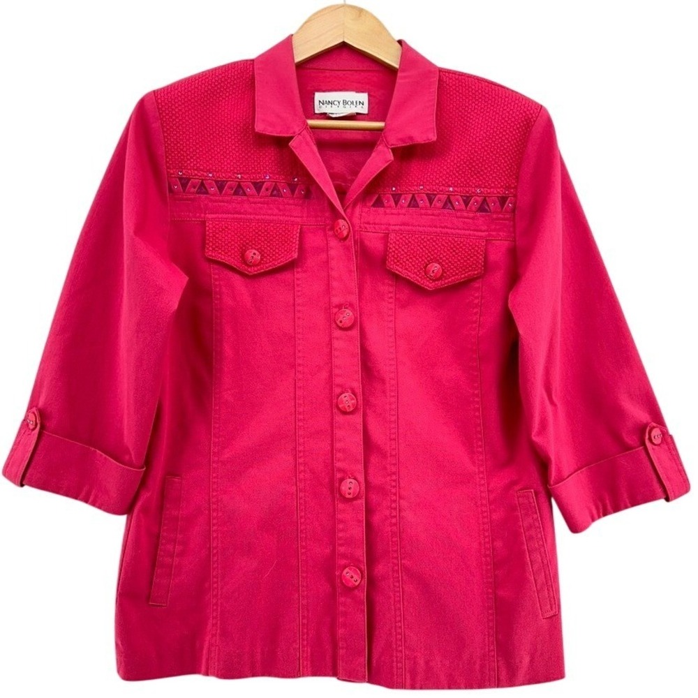 VTG Nancy Bolen City Girl Pink Button Up Jacket Pique Trim‎ Rhinestone SZ 6 USA